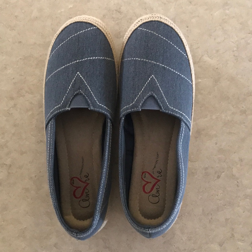 Size 8 Amore blue canvas slip ons with memory foam